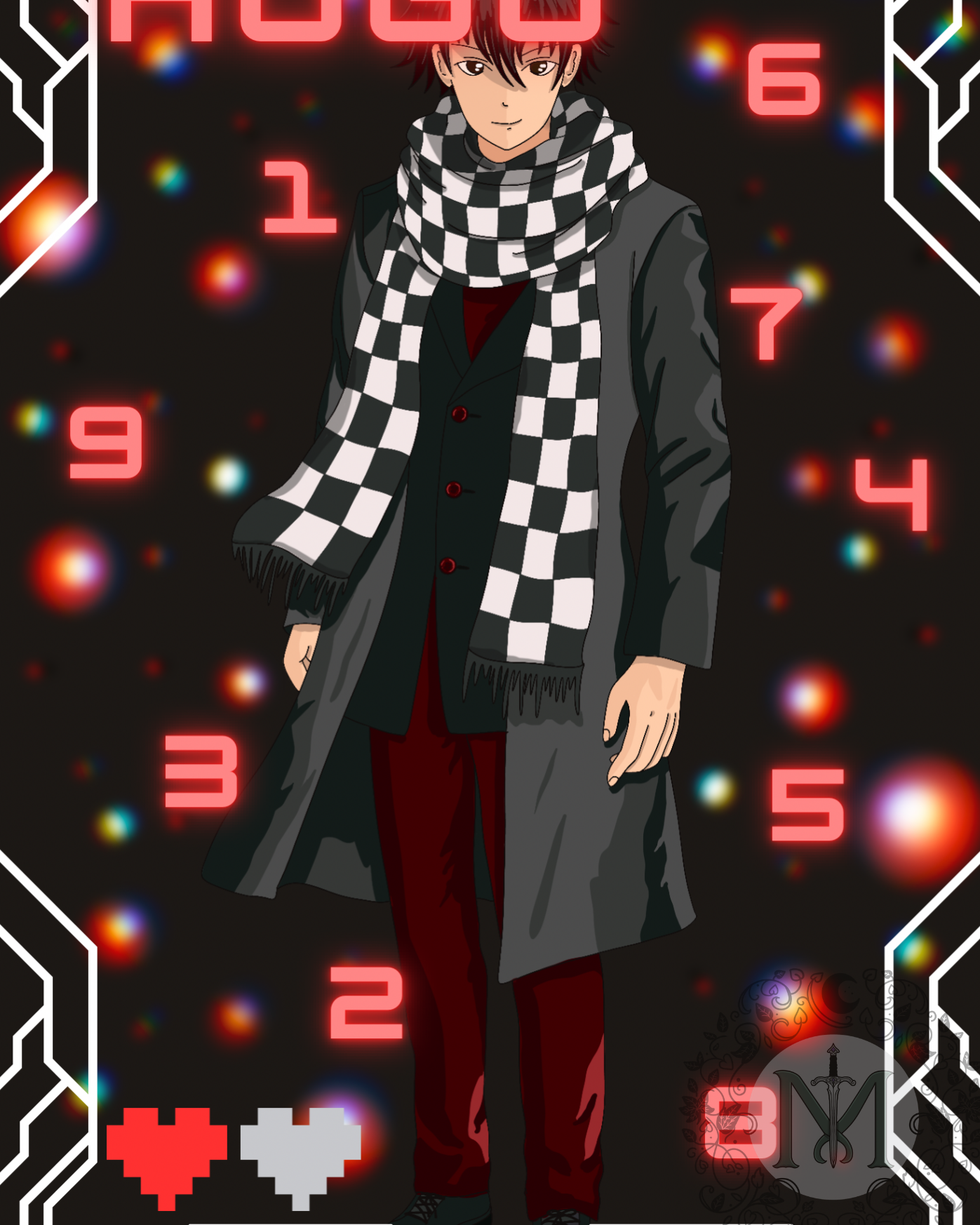 Animated character wearing a checkered scarf with colorful numbers and symbols in the background