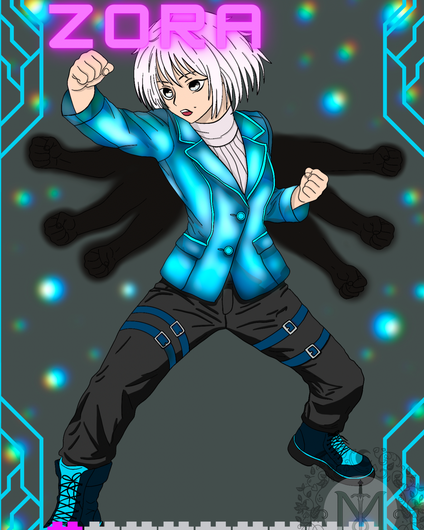 Animated character in a dynamic pose with 'Zora' text above, on a dark background with glowing elements.