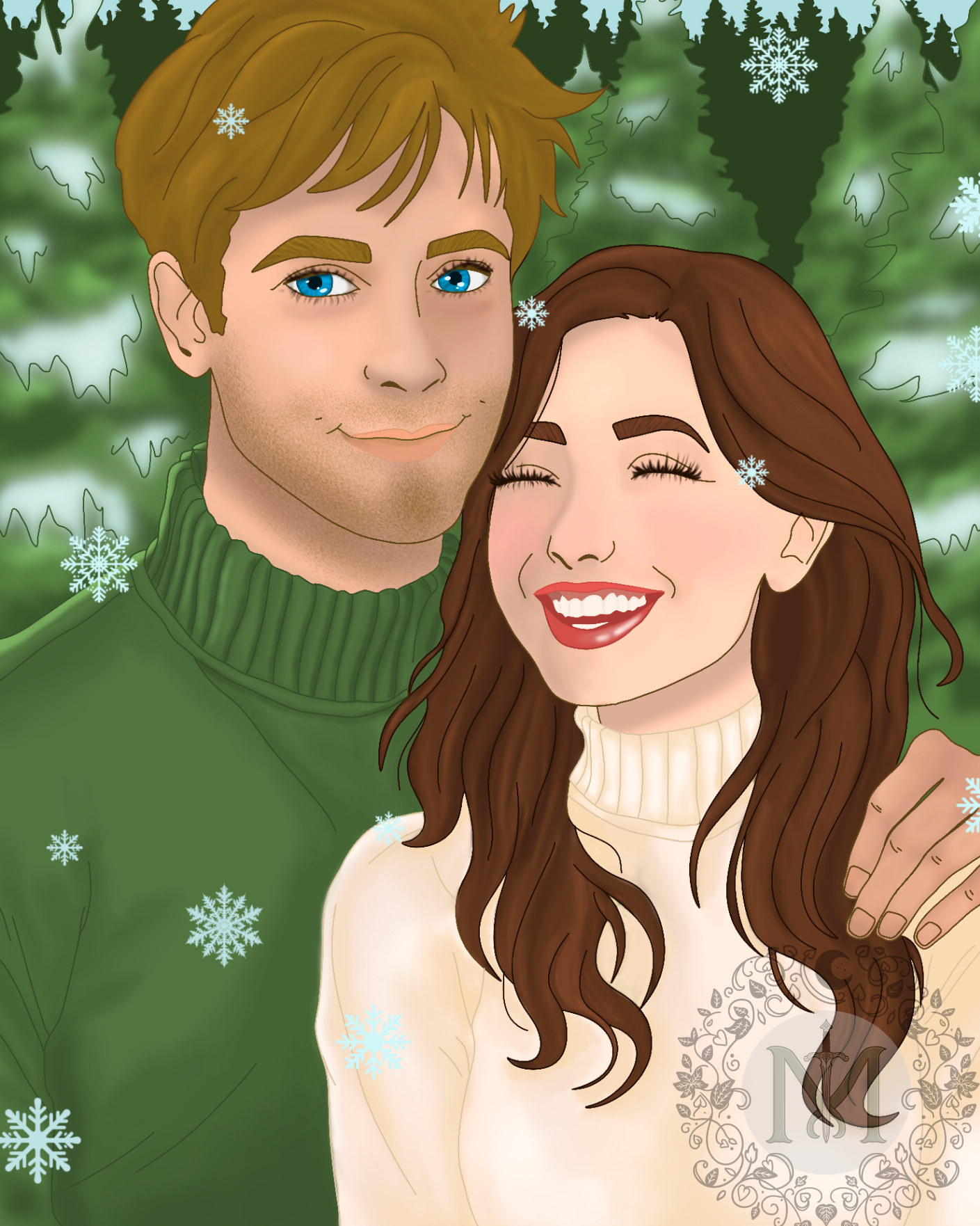 Illustration of a couple in winter clothing with a snowy forest background