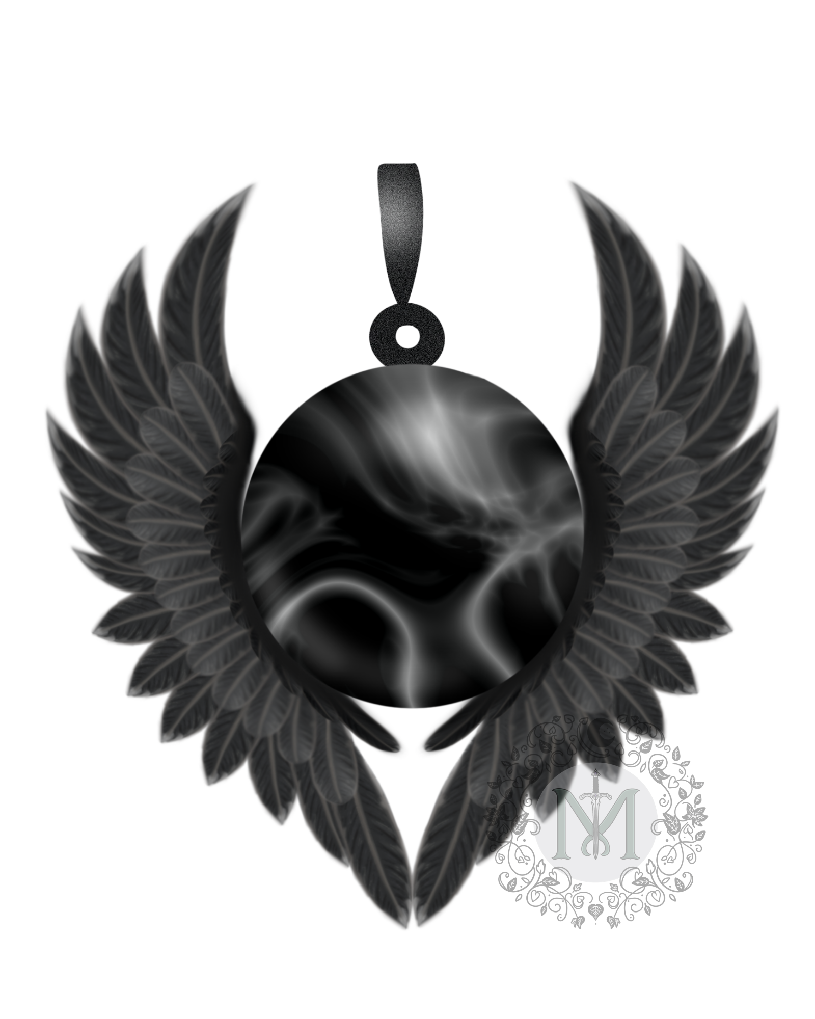 Black pendant with wings on a white background