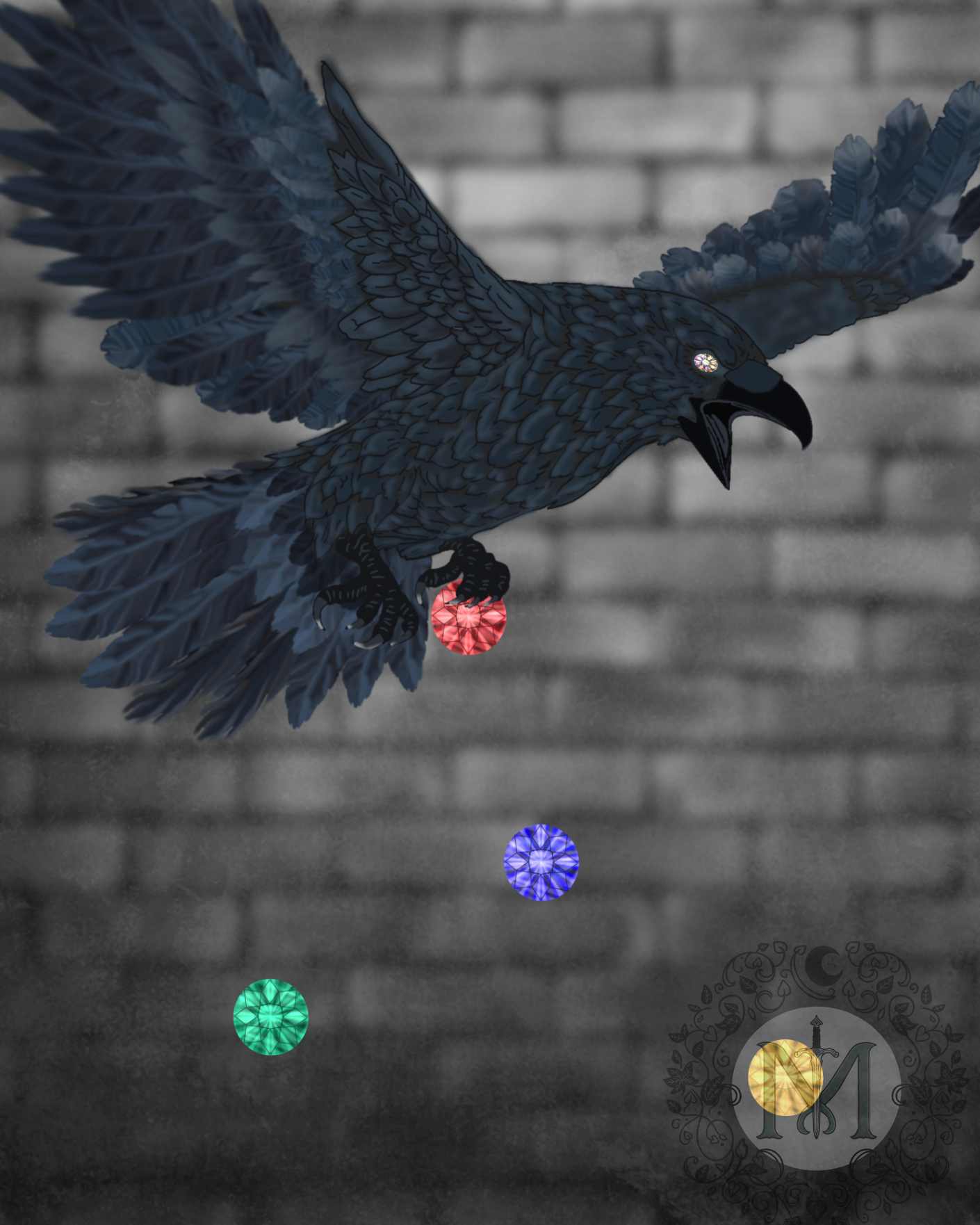 Black bird with colorful gemstones on a brick wall background