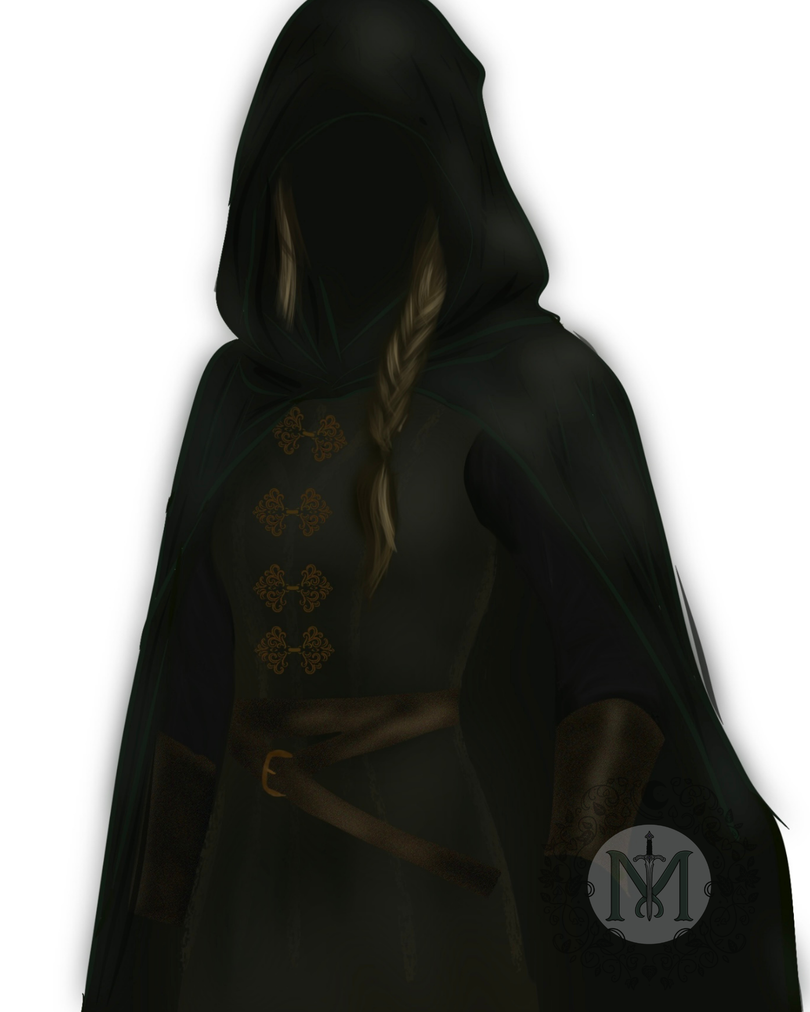 Dark hooded cloak with intricate designs on a white background