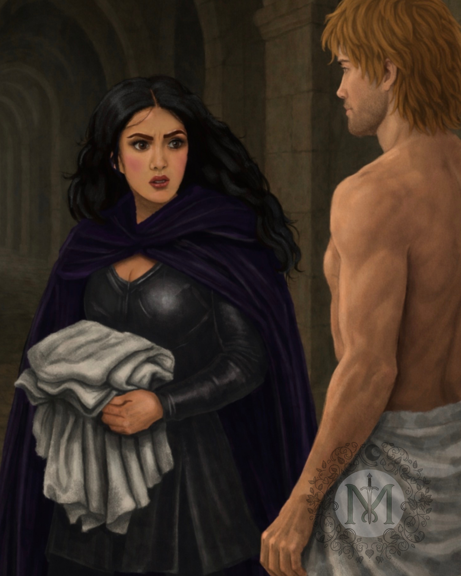 Woman in dark clothing holding a cloth, standing next to a shirtless man with a tattoo, in a dimly lit room.