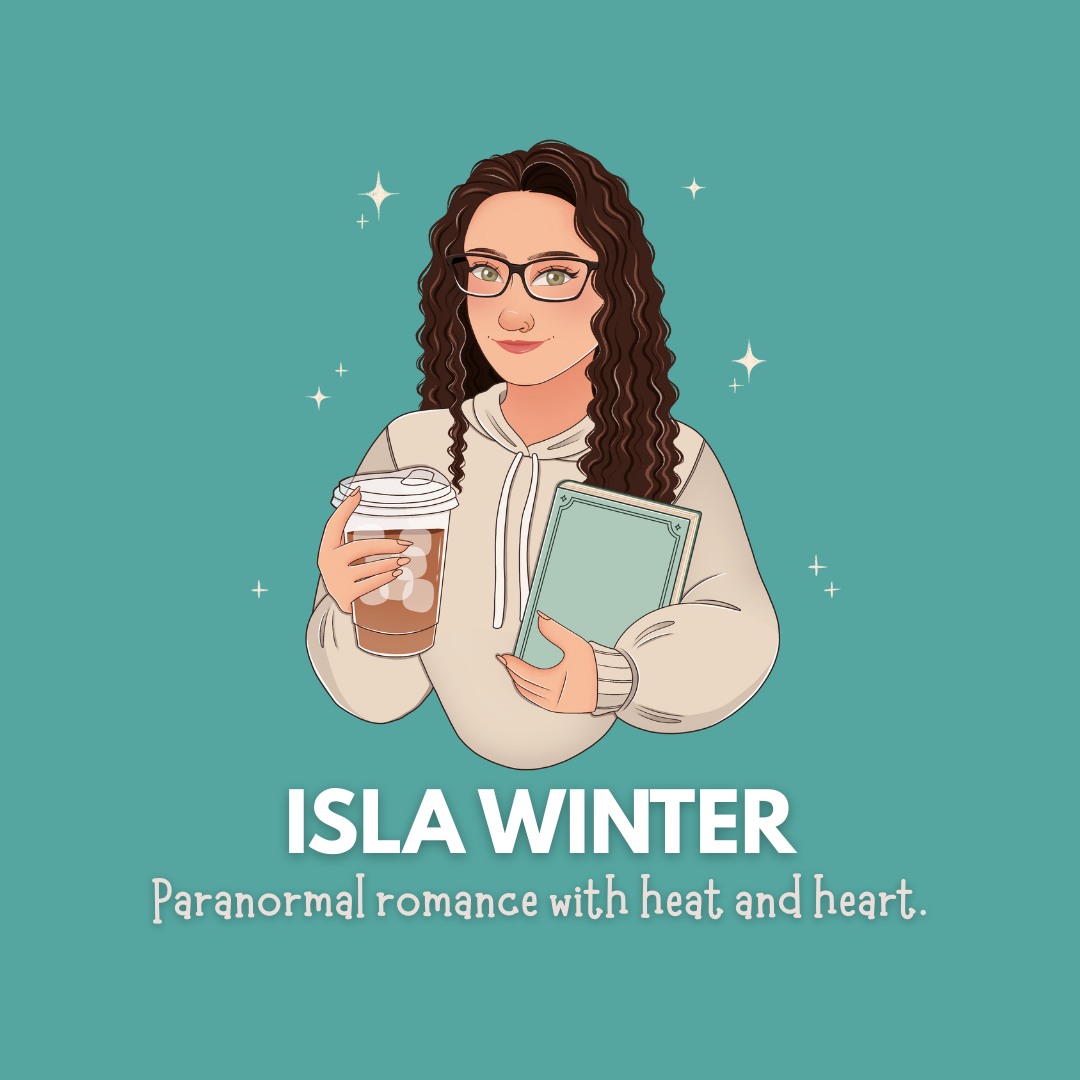 Illustration of a person holding a coffee cup and book with 'Isla Winter' text on a teal background