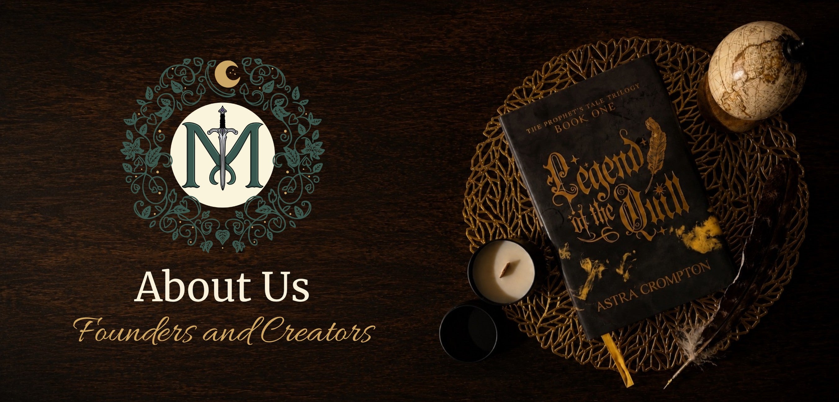 Promotional image for 'About Us' featuring a book titled 'Legend of the Quill' on a dark background with decorative elements.