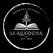 Logo for S.E. Alexander, a romance author established in 2024, featuring an open book with a sword on a black background.